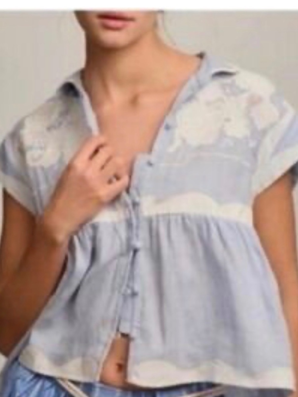 By Anthropologie Linen Appliqué Buttondown Tank Blue and White